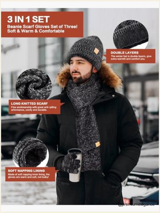 Unisex Beanie Scarf Gloves Set Touchscreen Winter Warm 3 in 1 main image 6